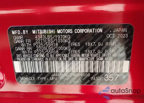 2024 Mitsubishi Outlander Sport S/Se/Es/Le/Ralliart/Trail Edition z USA, uszkodzony, nr VIN JA4ARUAU3RU004000